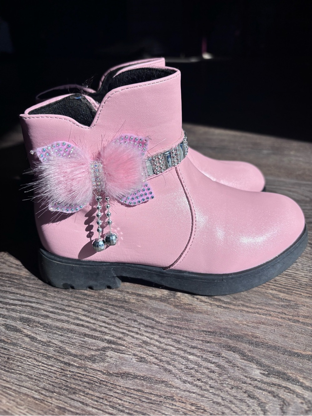 Pink Girl's Faux Leather Boots with Faux Fur Bow